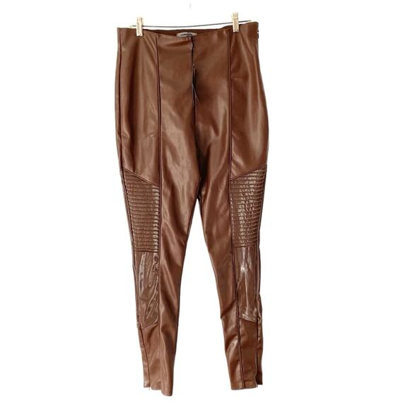 Maniere De Voir Vegan Faux Leather Brown Ribbed Patent Leggings Moto NWT size 12 - Picture 5 of 15